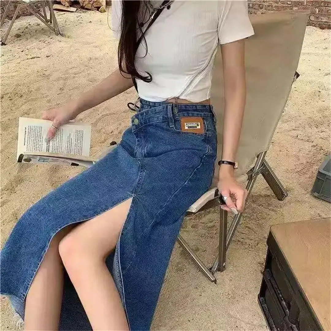 Women's Irregular Split Denim Skirt Summer Women's High-Waisted Slim Long A-Line Bag Hip Denim Skirt