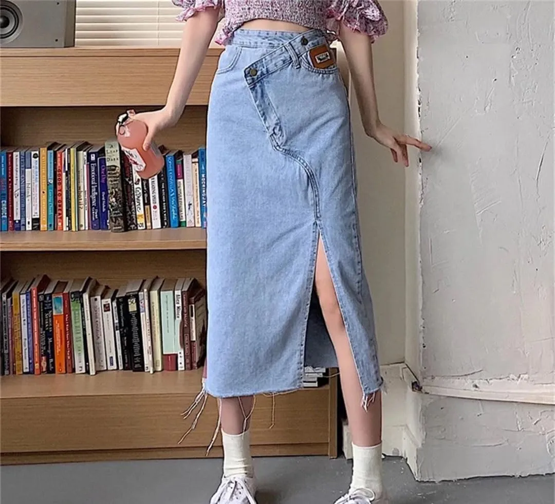 Women's Irregular Split Denim Skirt Summer Women's High-Waisted Slim Long A-Line Bag Hip Denim Skirt