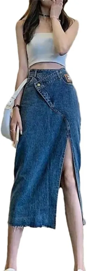 Women's Irregular Split Denim Skirt Summer Women's High-Waisted Slim Long A-Line Bag Hip Denim Skirt