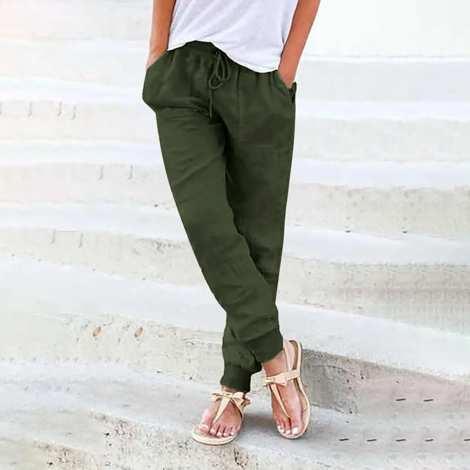 Women's Linen Blend Summer Comfy Palazzo Pants Low Waist Long Lounge Plus Size Palazzo Lounge Pants Office