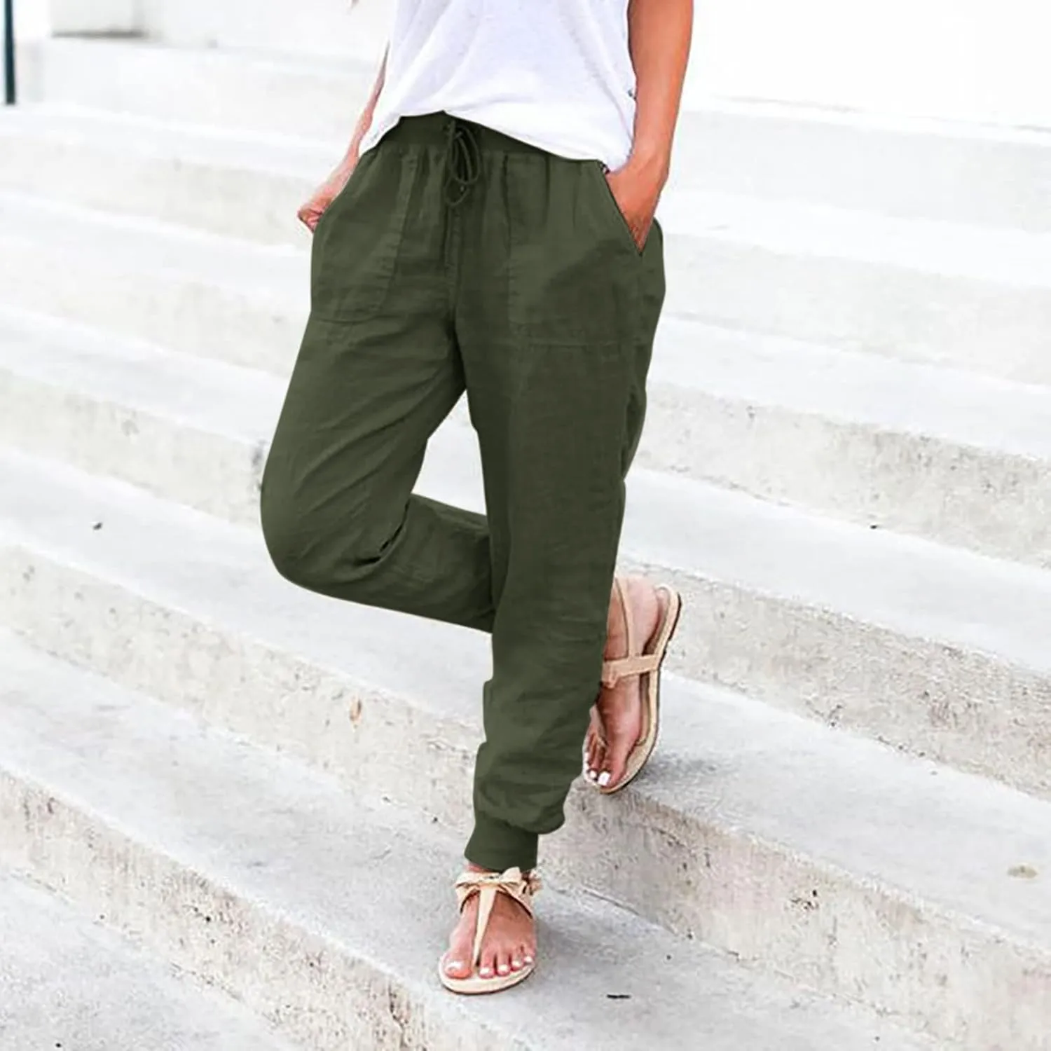 Women's Linen Blend Summer Comfy Palazzo Pants Low Waist Long Lounge Plus Size Palazzo Lounge Pants Office