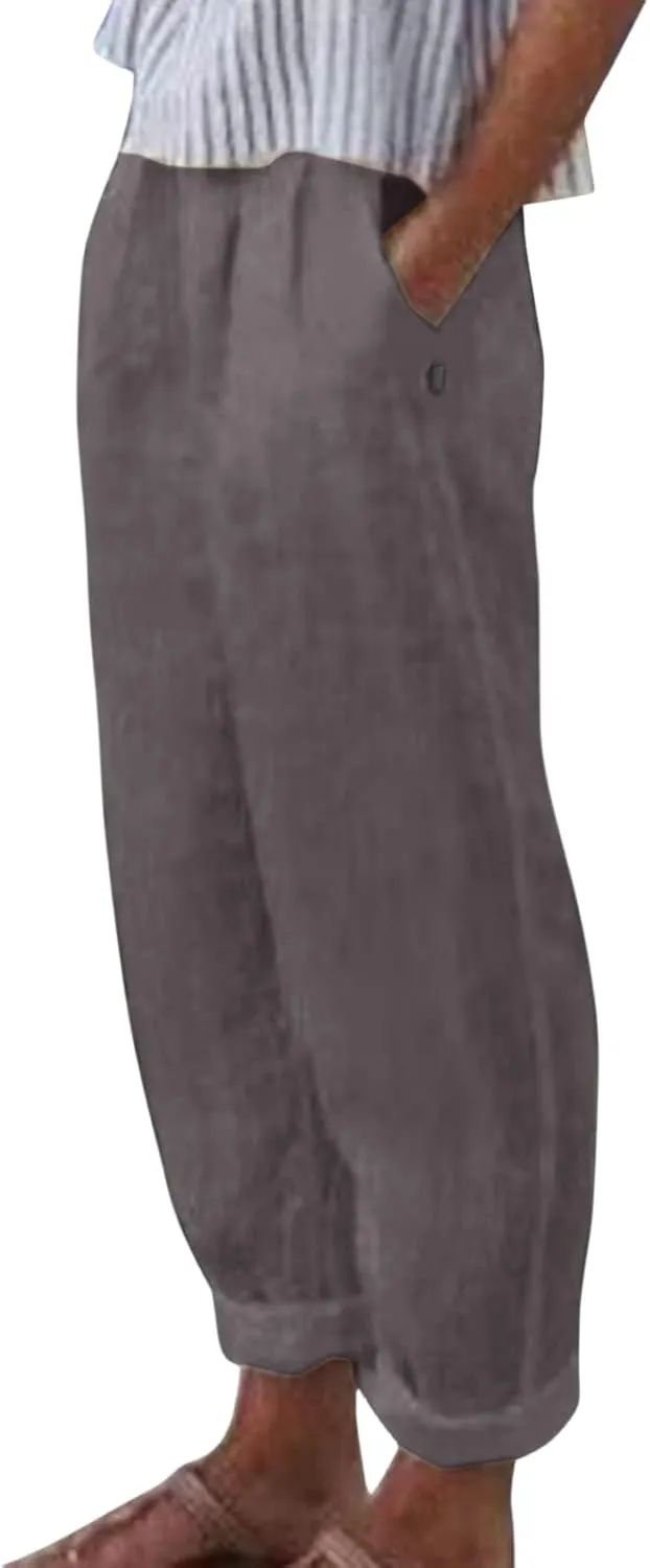 Womens Linen Pants Casual High Waist Straight Leg Pants Summer Comfy Cropped Pant Loose Fit Trousers with Pockets