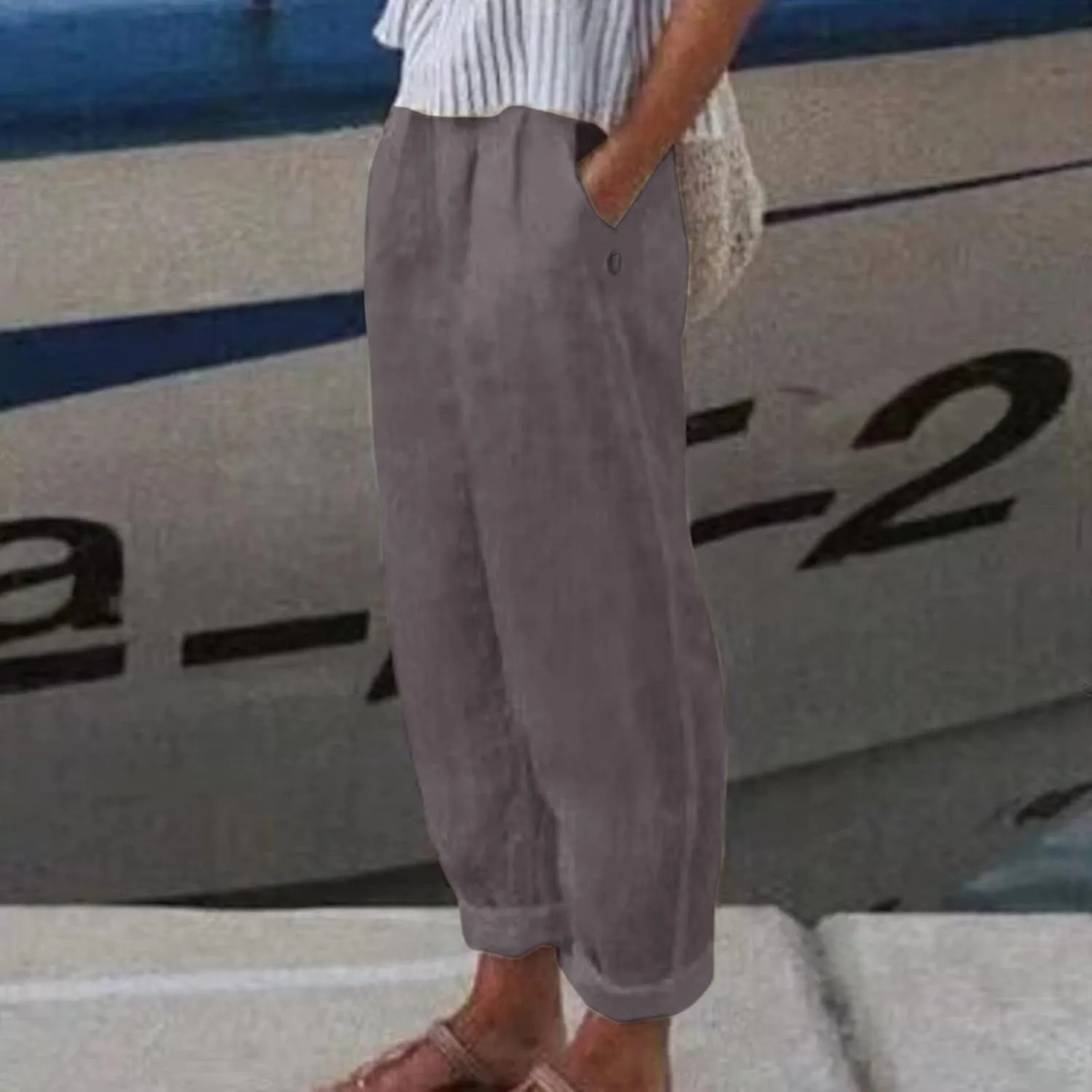 Womens Linen Pants Casual High Waist Straight Leg Pants Summer Comfy Cropped Pant Loose Fit Trousers with Pockets