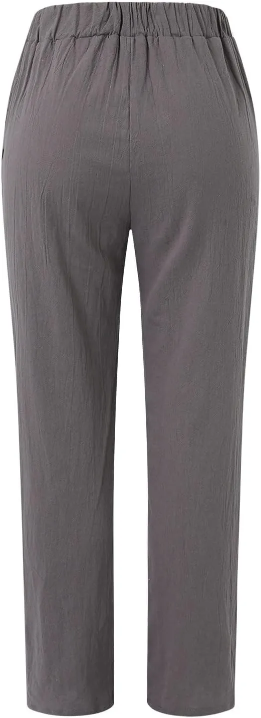 Womens Linen Pants Casual High Waist Straight Leg Pants Summer Comfy Cropped Pant Loose Fit Trousers with Pockets
