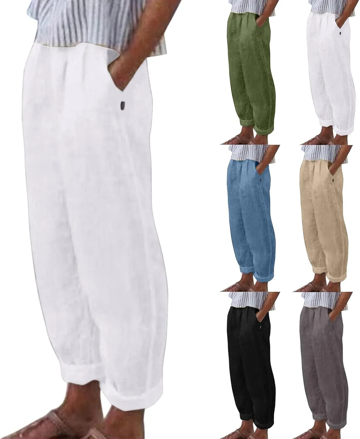Womens Linen Pants Casual High Waist Straight Leg Pants Summer Comfy Cropped Pant Loose Fit Trousers with Pockets