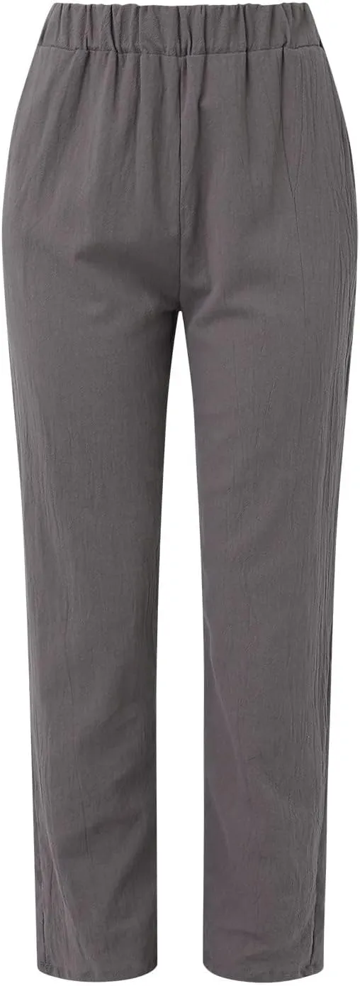 Womens Linen Pants Casual High Waist Straight Leg Pants Summer Comfy Cropped Pant Loose Fit Trousers with Pockets