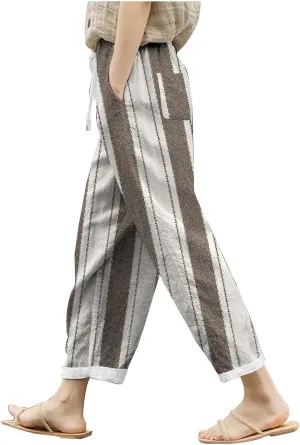 Womens Linen Summer Comfy Pant Trousers Low Waist Stretchy Straight Slim-Fit Trousers Beach