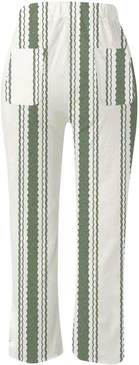 Womens Linen Summer Comfy Pant Trousers Low Waist Stretchy Straight Slim-Fit Trousers Beach