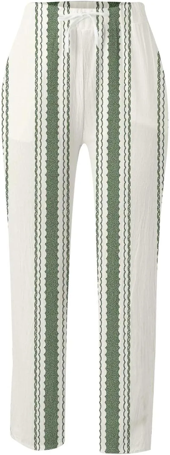 Womens Linen Summer Comfy Pant Trousers Low Waist Stretchy Straight Slim-Fit Trousers Beach