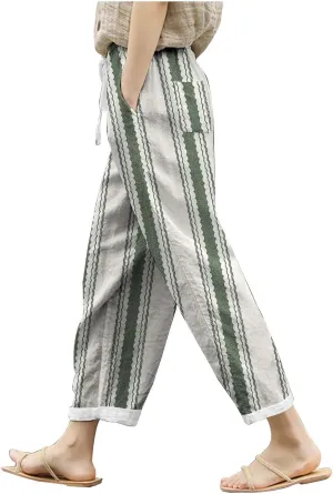 Womens Linen Summer Comfy Pant Trousers Low Waist Stretchy Straight Slim-Fit Trousers Beach