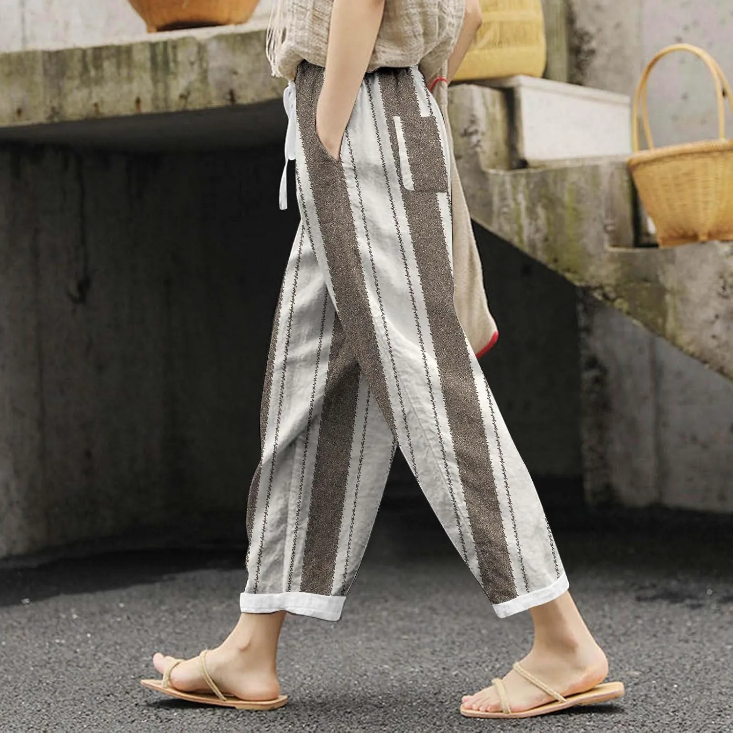 Womens Linen Summer Comfy Pant Trousers Low Waist Stretchy Straight Slim-Fit Trousers Beach