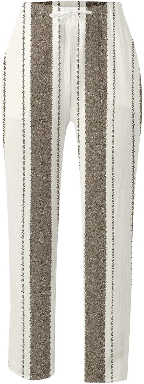 Womens Linen Summer Comfy Pant Trousers Low Waist Stretchy Straight Slim-Fit Trousers Beach