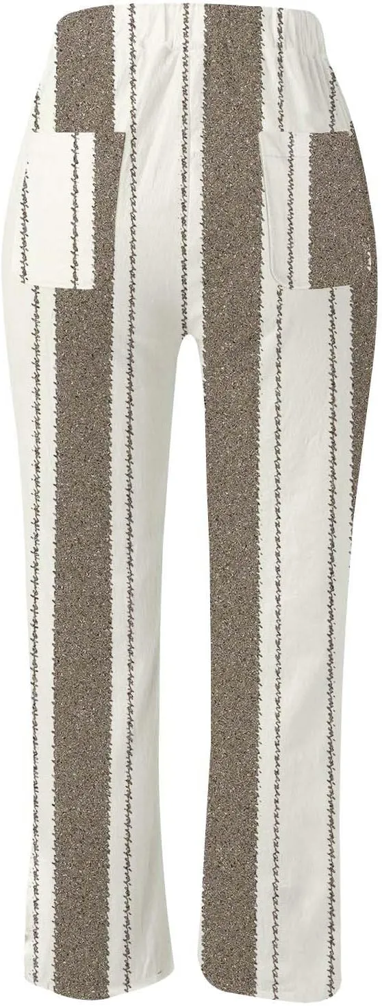 Womens Linen Summer Comfy Pant Trousers Low Waist Stretchy Straight Slim-Fit Trousers Beach