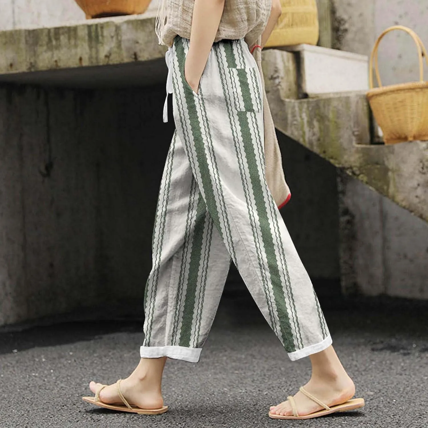 Womens Linen Summer Comfy Pant Trousers Low Waist Stretchy Straight Slim-Fit Trousers Beach