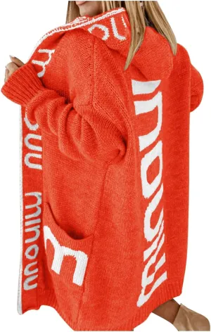 Women's Long Cardigan - Letter Print Oversized Knit Coats,Open Front Knitted Hoodie,Long Sleeve Trendy Sweater