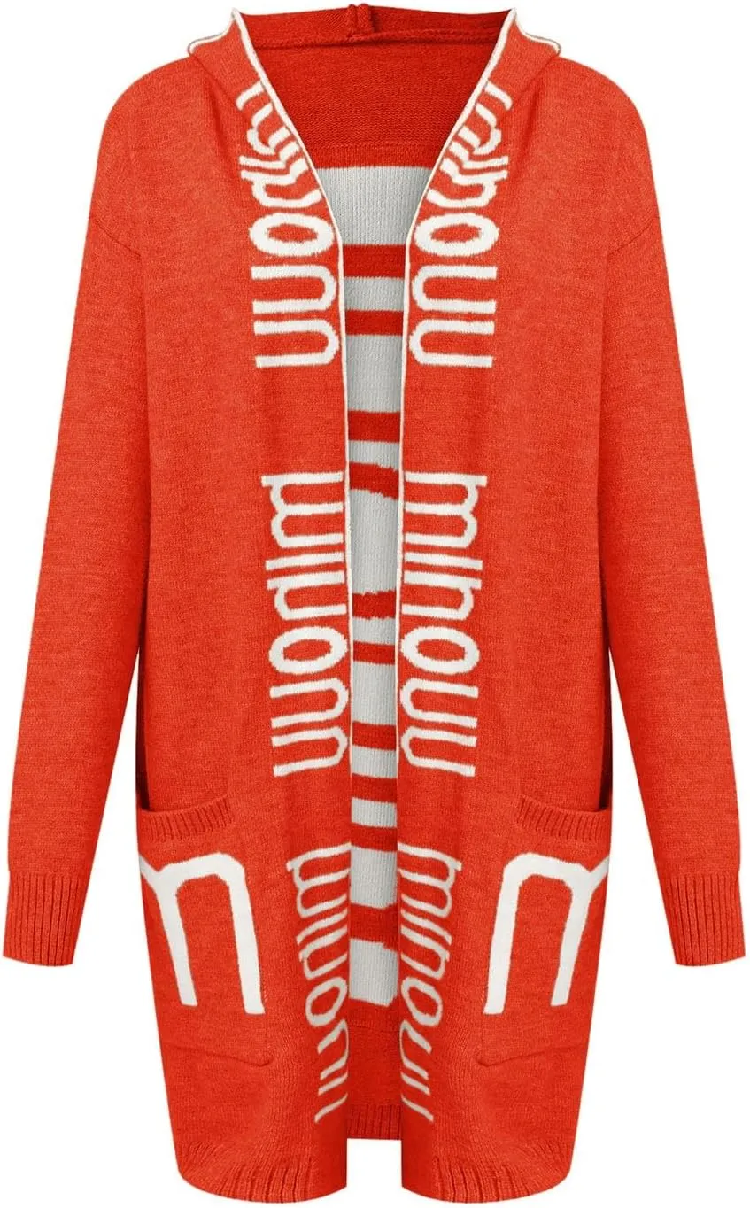 Women's Long Cardigan - Letter Print Oversized Knit Coats,Open Front Knitted Hoodie,Long Sleeve Trendy Sweater