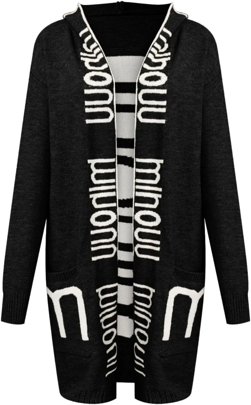 Women's Long Cardigan - Letter Print Oversized Knit Coats,Open Front Knitted Hoodie,Long Sleeve Trendy Sweater
