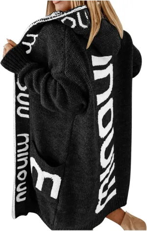 Women's Long Cardigan - Letter Print Oversized Knit Coats,Open Front Knitted Hoodie,Long Sleeve Trendy Sweater