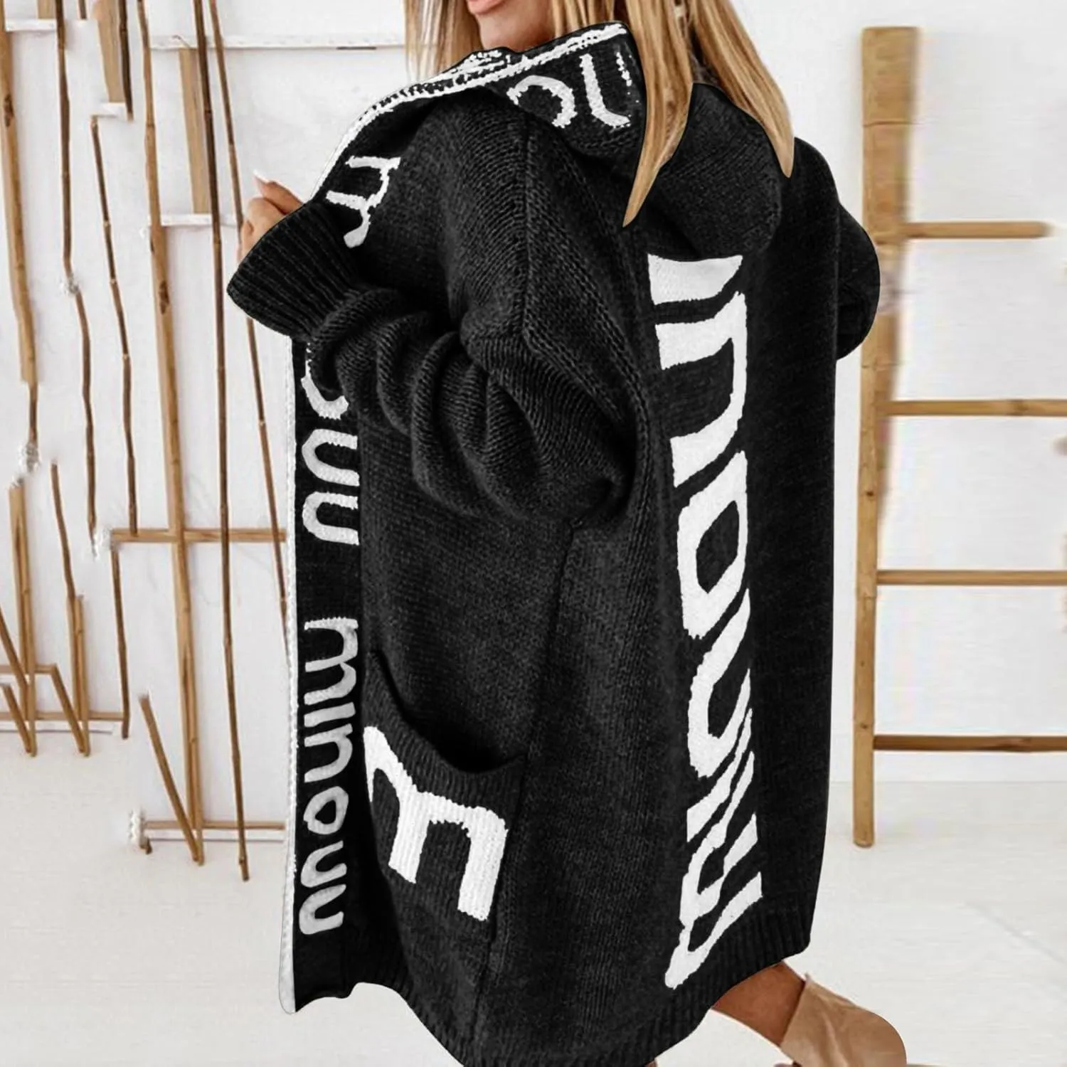 Women's Long Cardigan - Letter Print Oversized Knit Coats,Open Front Knitted Hoodie,Long Sleeve Trendy Sweater