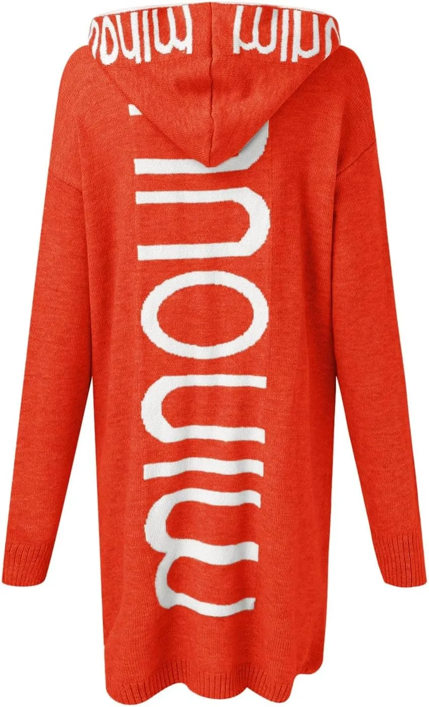Women's Long Cardigan - Letter Print Oversized Knit Coats,Open Front Knitted Hoodie,Long Sleeve Trendy Sweater