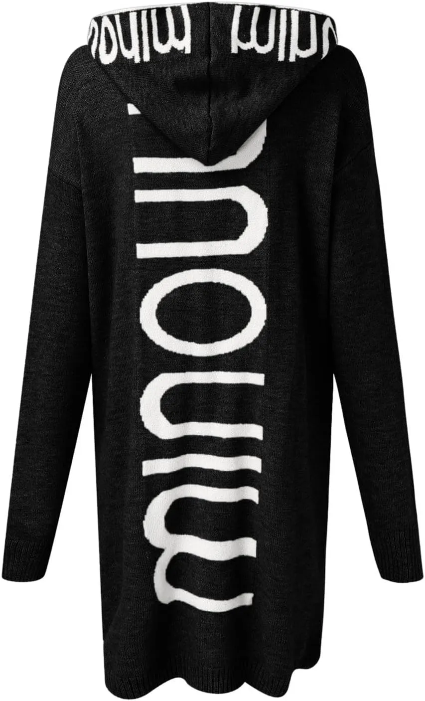 Women's Long Cardigan - Letter Print Oversized Knit Coats,Open Front Knitted Hoodie,Long Sleeve Trendy Sweater