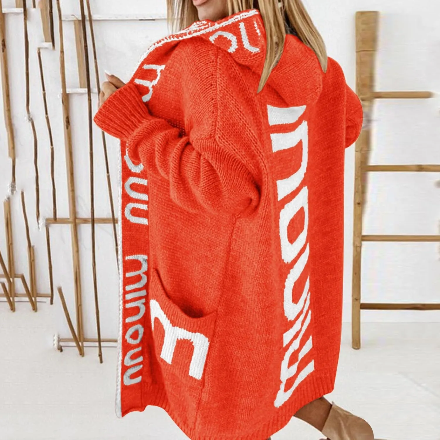 Women's Long Cardigan - Letter Print Oversized Knit Coats,Open Front Knitted Hoodie,Long Sleeve Trendy Sweater
