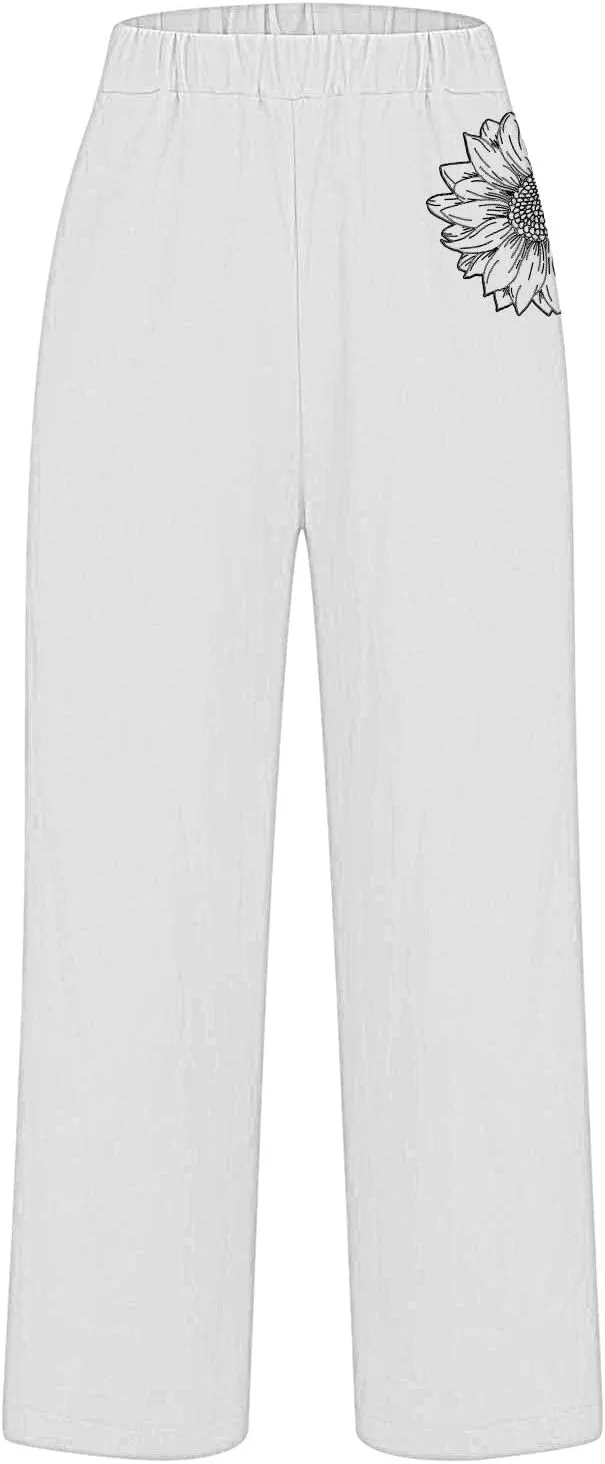 Women's Solid Cotton Linen Straight Pants Elastic High Waisted Casual Pants with Printed Pockets Summer Comfy Trousers