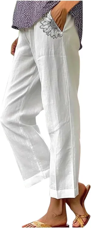 Women's Solid Cotton Linen Straight Pants Elastic High Waisted Casual Pants with Printed Pockets Summer Comfy Trousers