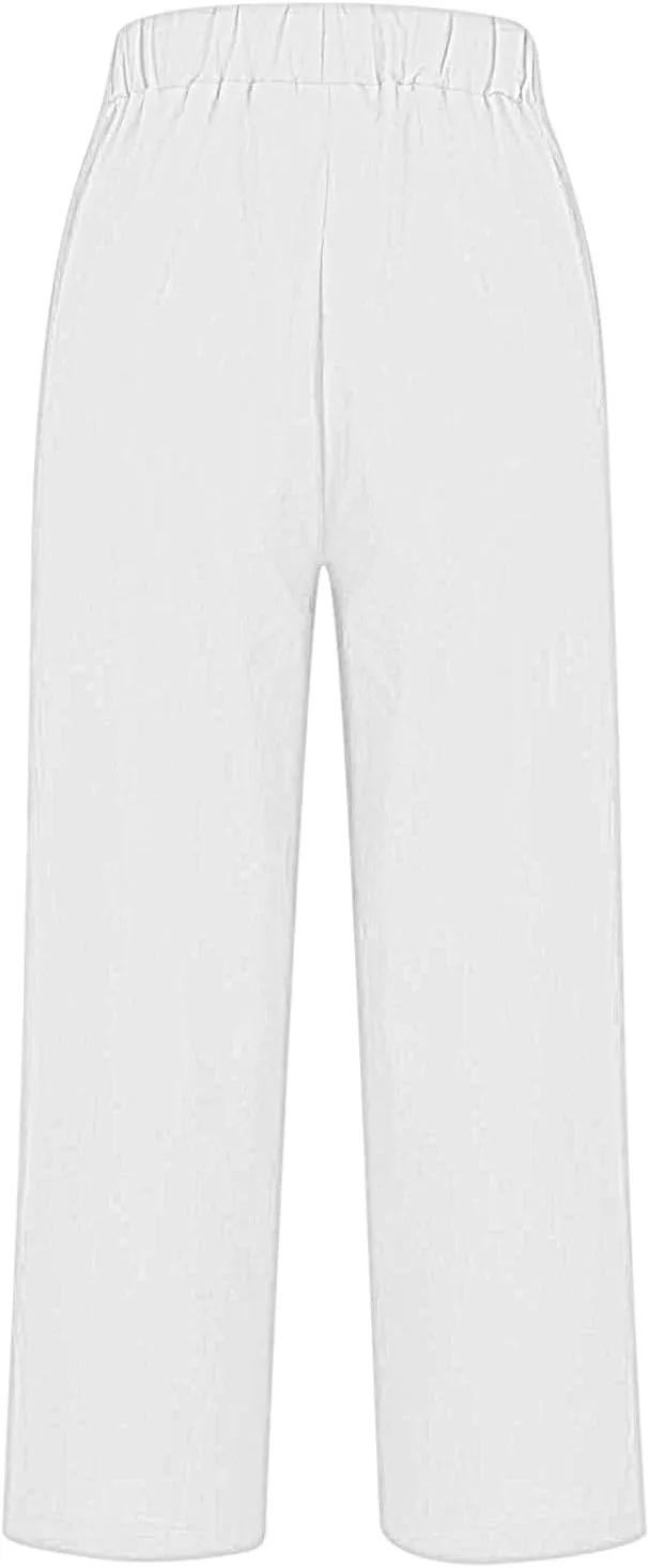 Women's Solid Cotton Linen Straight Pants Elastic High Waisted Casual Pants with Printed Pockets Summer Comfy Trousers