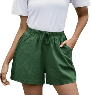 Work Shorts for Women Summer Comfy Linen Blend Pull On Short Breathable Drawstring Elastic Waist Work Trouser