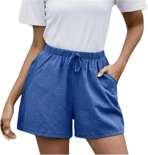 Work Shorts for Women Summer Comfy Linen Blend Pull On Short Breathable Drawstring Elastic Waist Work Trouser