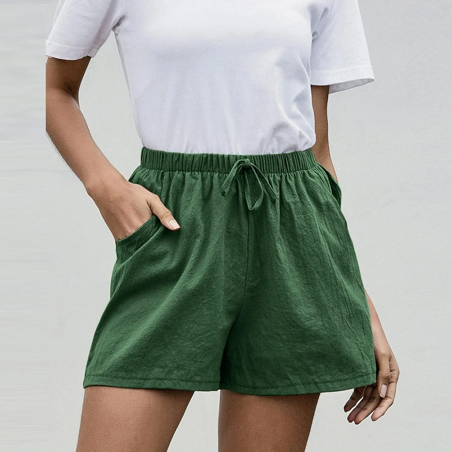Work Shorts for Women Summer Comfy Linen Blend Pull On Short Breathable Drawstring Elastic Waist Work Trouser