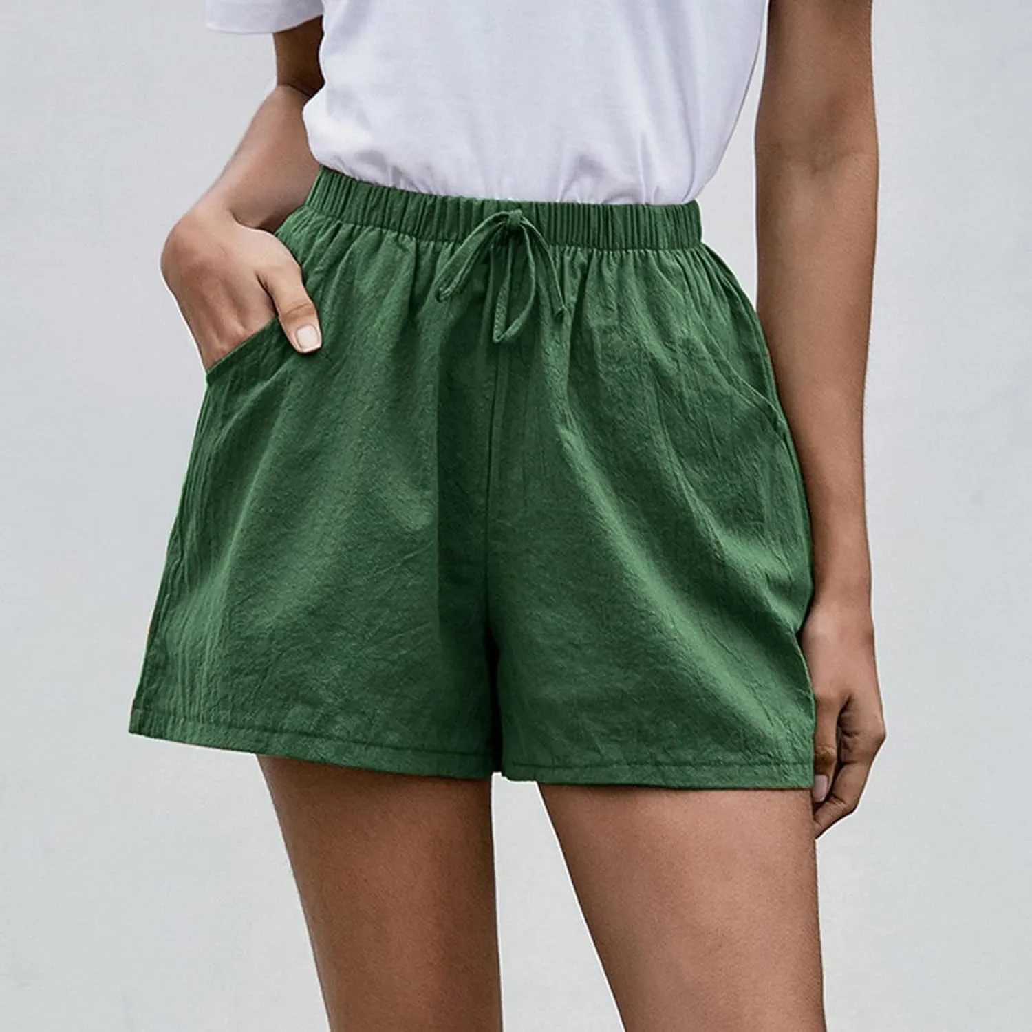 Work Shorts for Women Summer Comfy Linen Blend Pull On Short Breathable Drawstring Elastic Waist Work Trouser