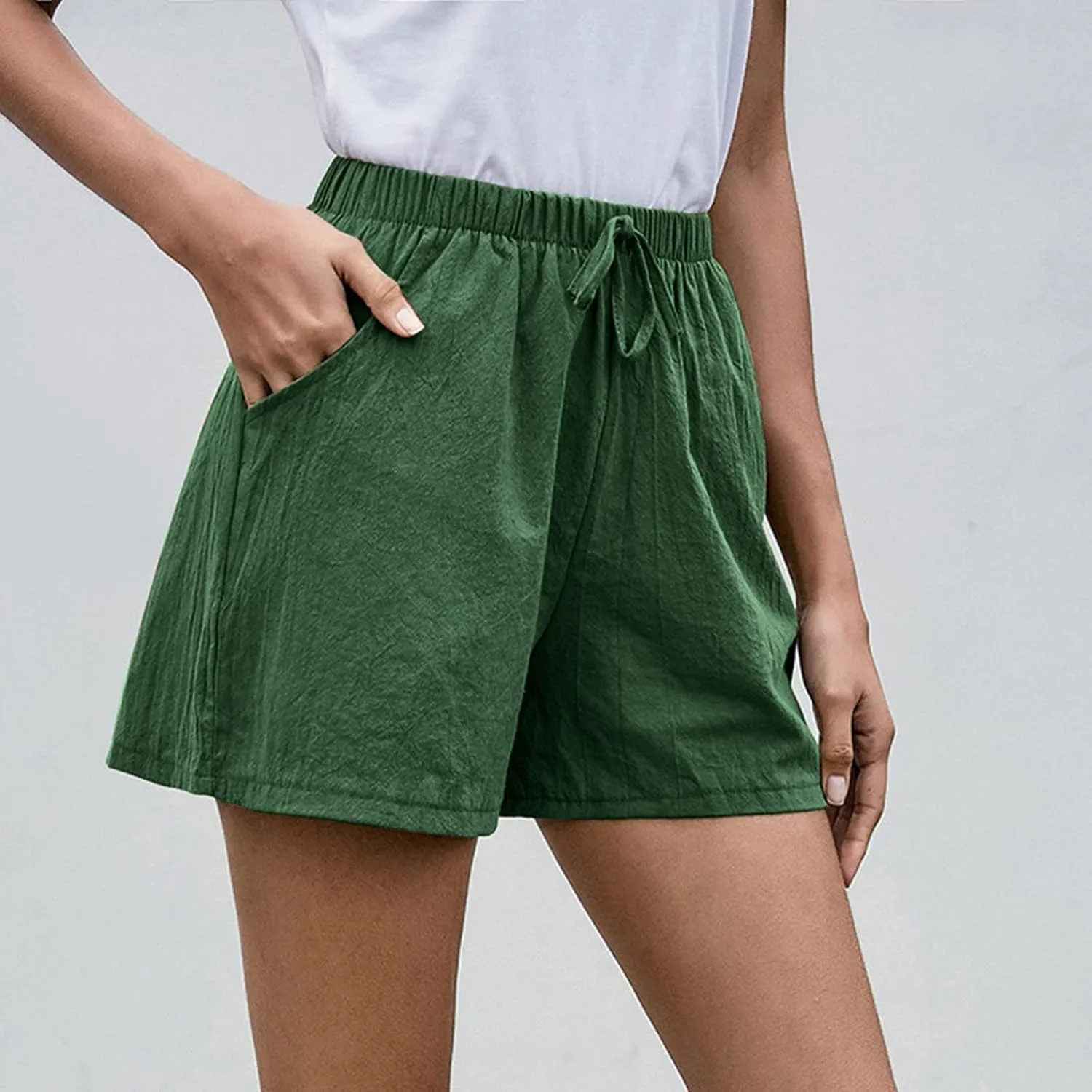 Work Shorts for Women Summer Comfy Linen Blend Pull On Short Breathable Drawstring Elastic Waist Work Trouser