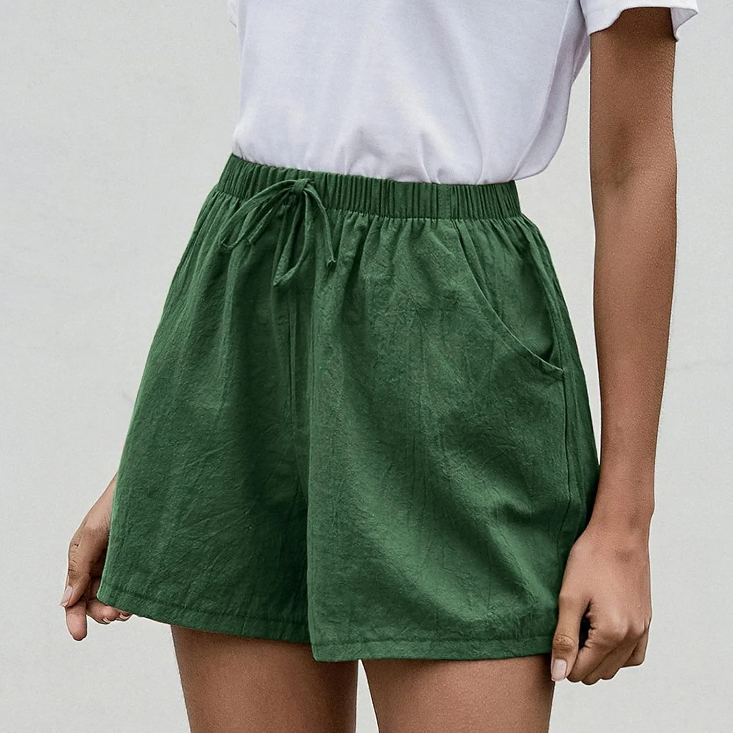 Work Shorts for Women Summer Comfy Linen Blend Pull On Short Breathable Drawstring Elastic Waist Work Trouser