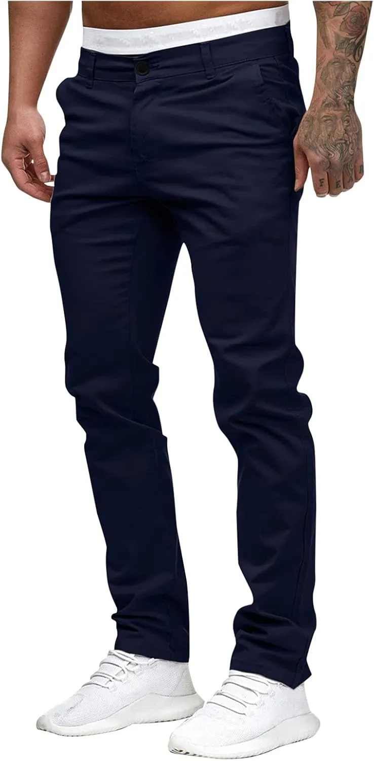 WUAI-Men Stretch Flat Front Chino Pant Slim Fit Casual Elastic Waist Workout Jogger Sweatpants Comfy Lounge Pants