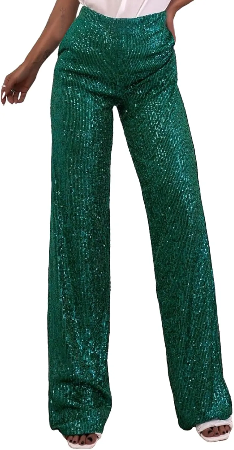 XBTCLXEBCO Sequin Wide Leg Pants for Women High Waist Loose Shiny Glitter Palazzo Pants Sparkle Trousers Disco Clubwear