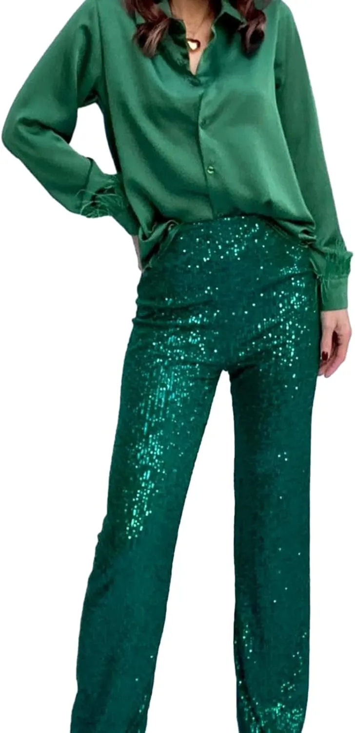 XBTCLXEBCO Sequin Wide Leg Pants for Women High Waist Loose Shiny Glitter Palazzo Pants Sparkle Trousers Disco Clubwear