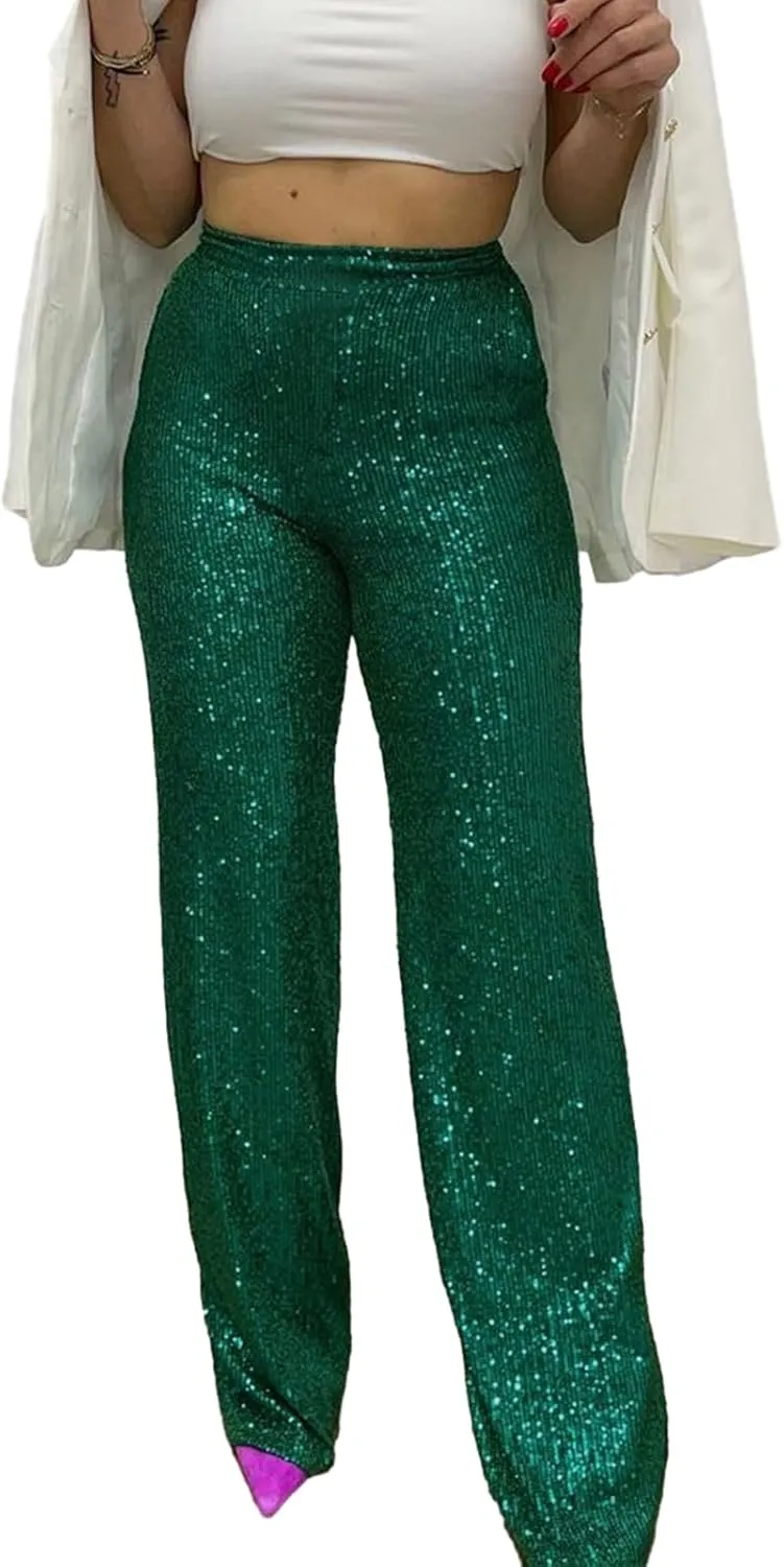 XBTCLXEBCO Sequin Wide Leg Pants for Women High Waist Loose Shiny Glitter Palazzo Pants Sparkle Trousers Disco Clubwear