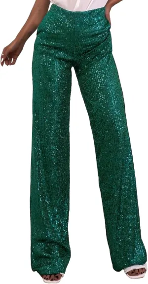 XBTCLXEBCO Sequin Wide Leg Pants for Women High Waist Loose Shiny Glitter Palazzo Pants Sparkle Trousers Disco Clubwear