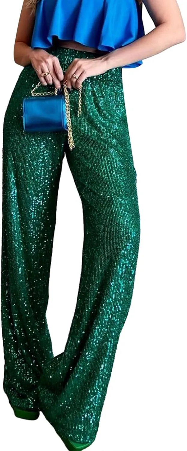 XBTCLXEBCO Sequin Wide Leg Pants for Women High Waist Loose Shiny Glitter Palazzo Pants Sparkle Trousers Disco Clubwear