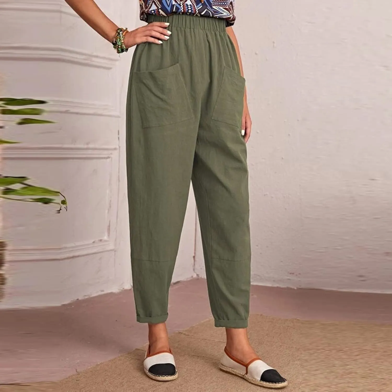 XUNRYAN Women's Capris Cotton Linen Pants Summer Casual Workout Comfy Lounge Pegged Palazzo Pants Trousers with Pockets