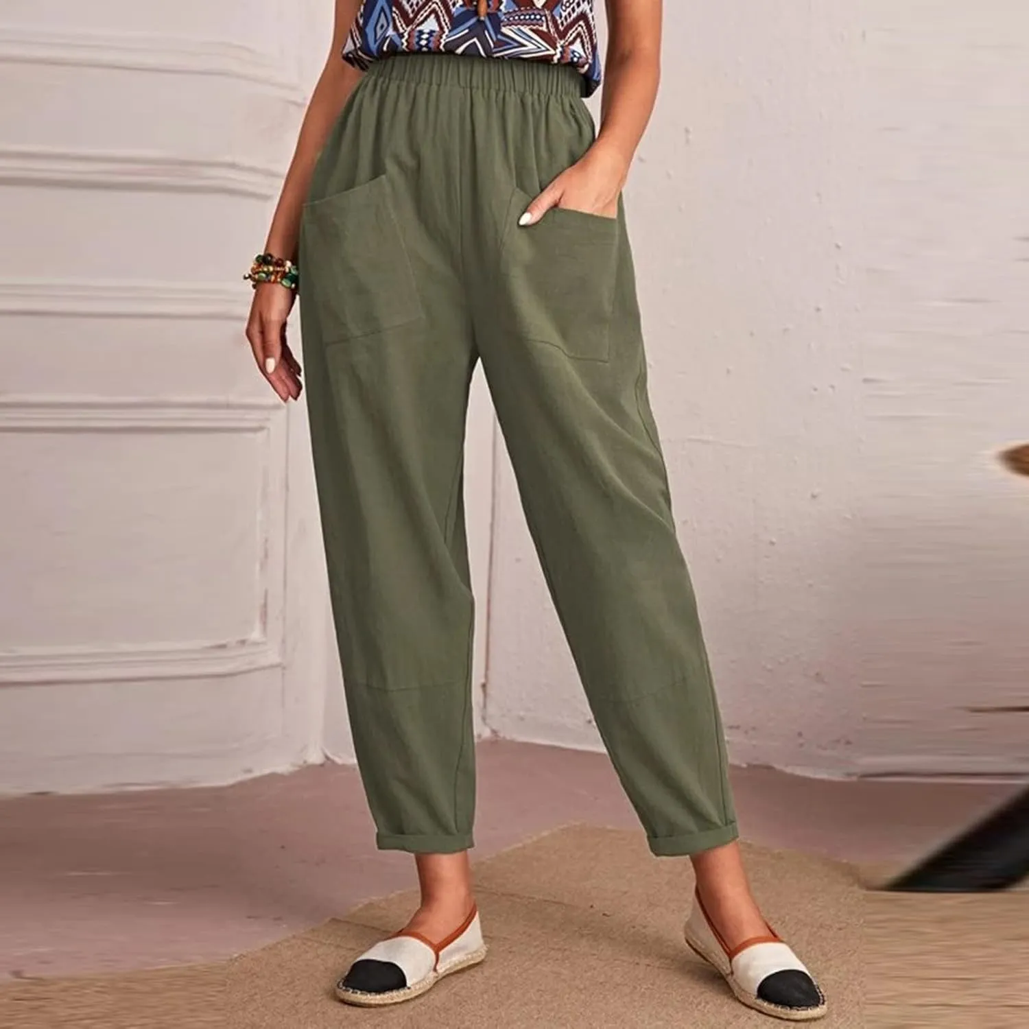 XUNRYAN Women's Capris Cotton Linen Pants Summer Casual Workout Comfy Lounge Pegged Palazzo Pants Trousers with Pockets