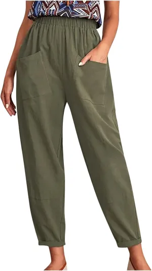 XUNRYAN Women's Capris Cotton Linen Pants Summer Casual Workout Comfy Lounge Pegged Palazzo Pants Trousers with Pockets