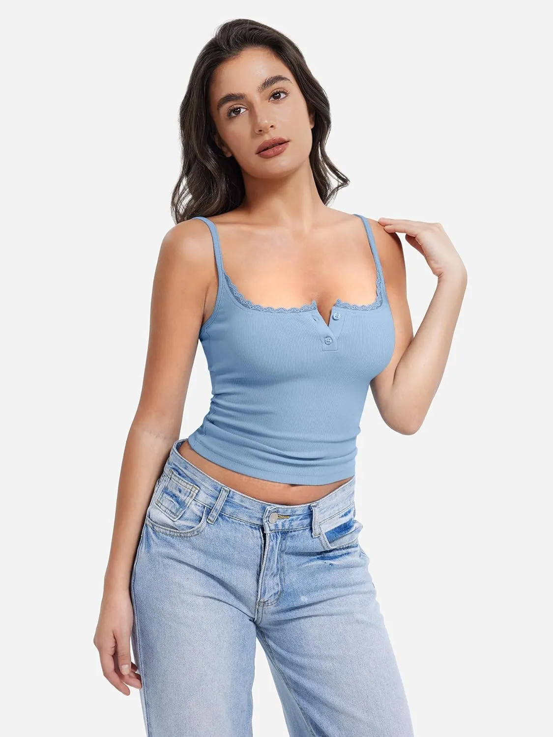 YEOREO Jillce Womens Ribbed Lace Cami Square Neck Tank Top Sexy Sleeveless Button Y2K Going Out Camisoles Strap Summer Tops