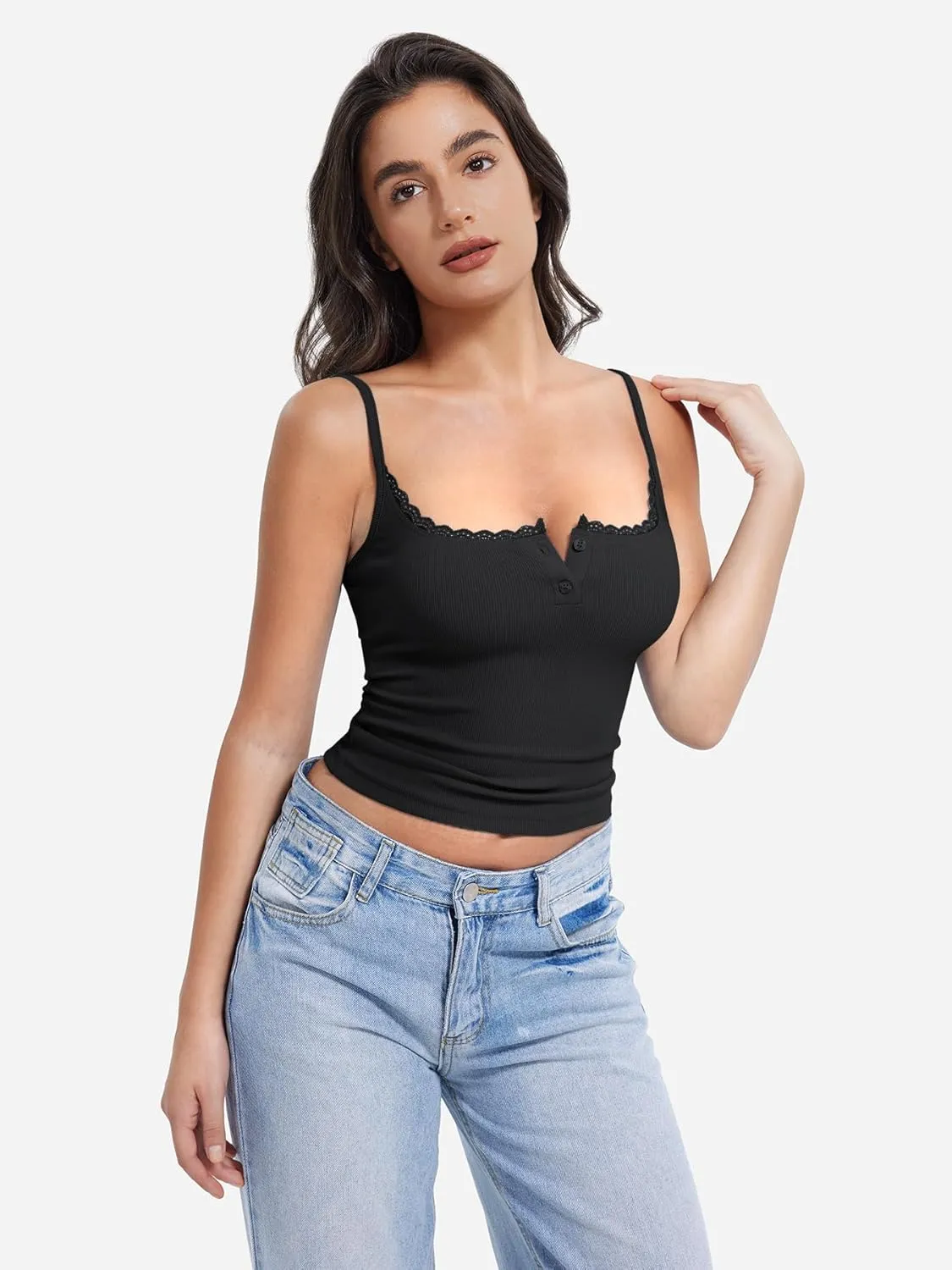YEOREO Jillce Womens Ribbed Lace Cami Square Neck Tank Top Sexy Sleeveless Button Y2K Going Out Camisoles Strap Summer Tops