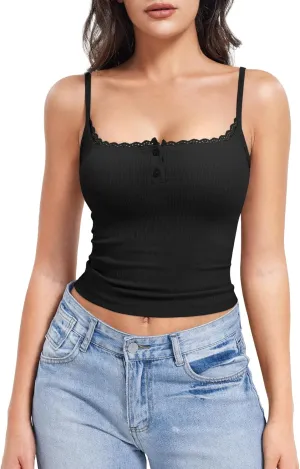 YEOREO Jillce Womens Ribbed Lace Cami Square Neck Tank Top Sexy Sleeveless Button Y2K Going Out Camisoles Strap Summer Tops