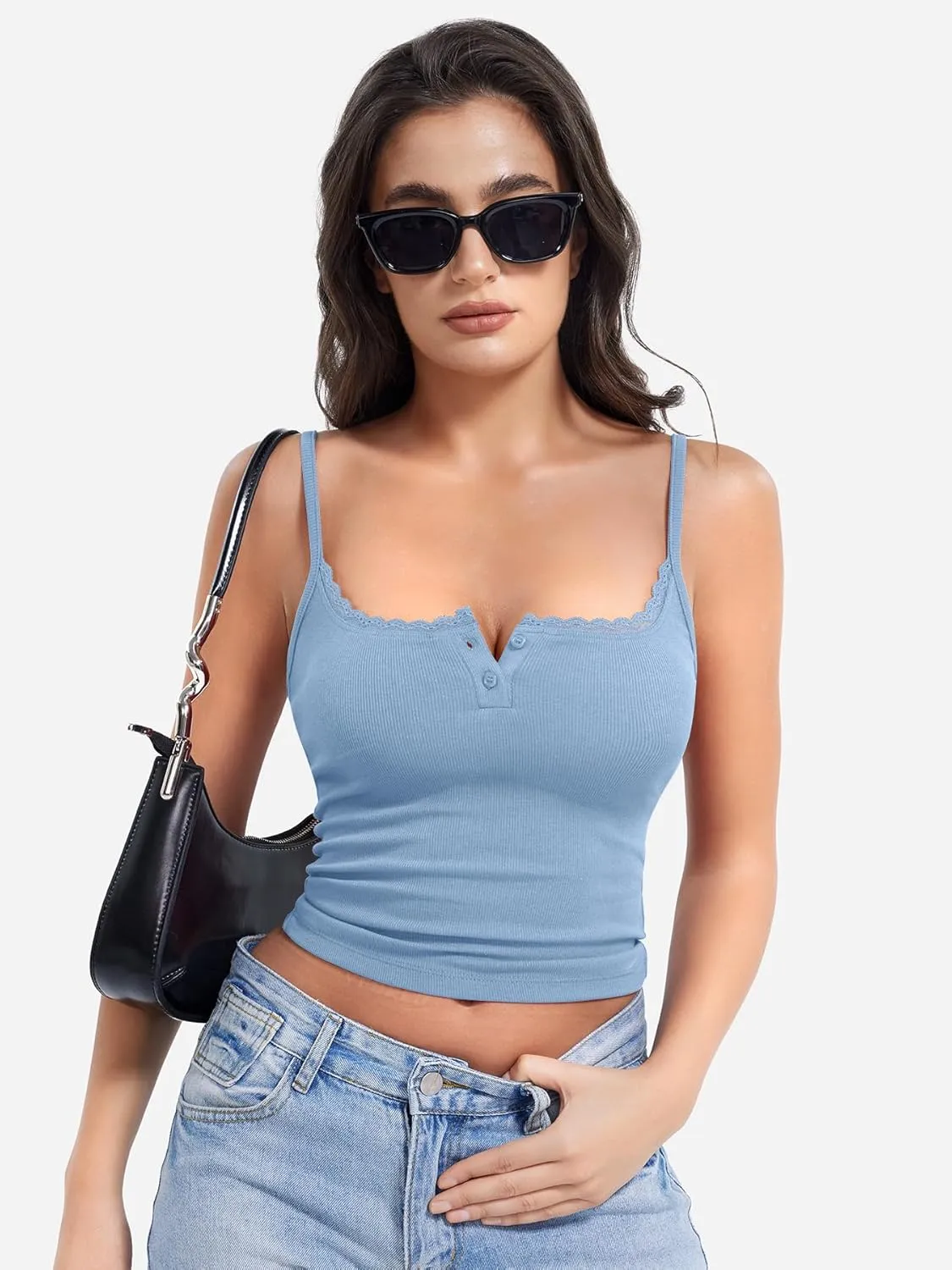 YEOREO Jillce Womens Ribbed Lace Cami Square Neck Tank Top Sexy Sleeveless Button Y2K Going Out Camisoles Strap Summer Tops