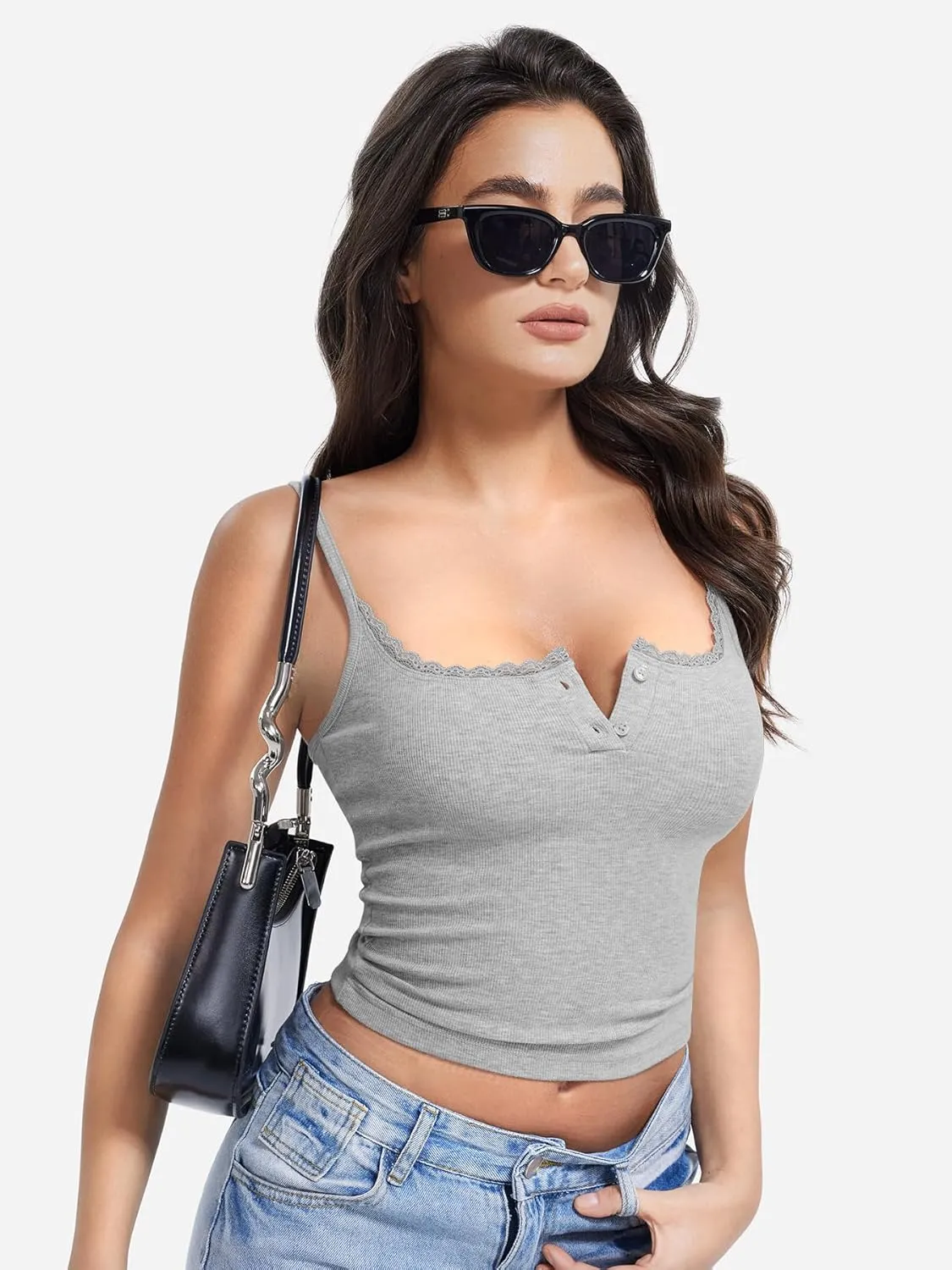 YEOREO Jillce Womens Ribbed Lace Cami Square Neck Tank Top Sexy Sleeveless Button Y2K Going Out Camisoles Strap Summer Tops