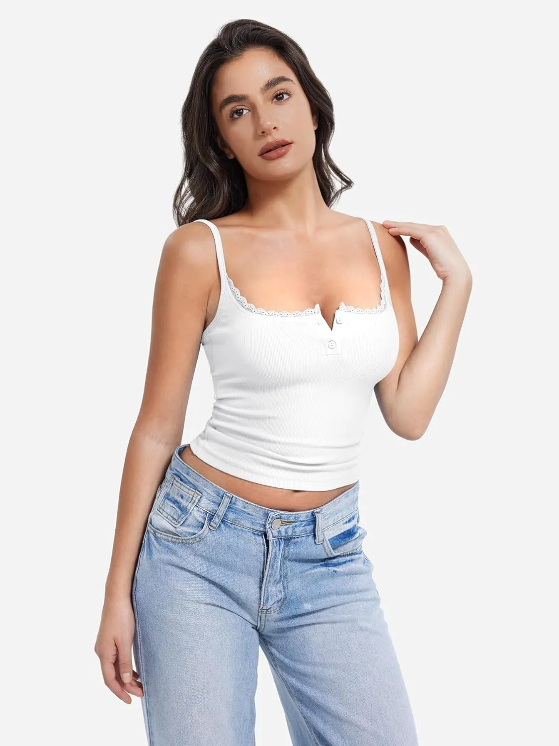 YEOREO Jillce Womens Ribbed Lace Cami Square Neck Tank Top Sexy Sleeveless Button Y2K Going Out Camisoles Strap Summer Tops